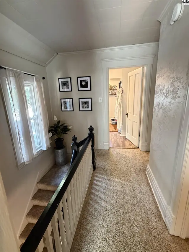 Carpeted hallway with a window, stairs, and an open doorway to another room.