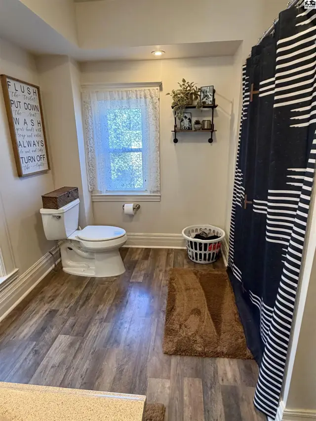 This bathroom features a toilet, wood-look flooring, and a patterned shower curtain.