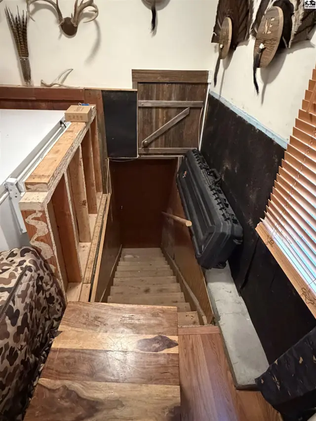 Wooden stairs descend into a finished basement with a rustic wooden door.