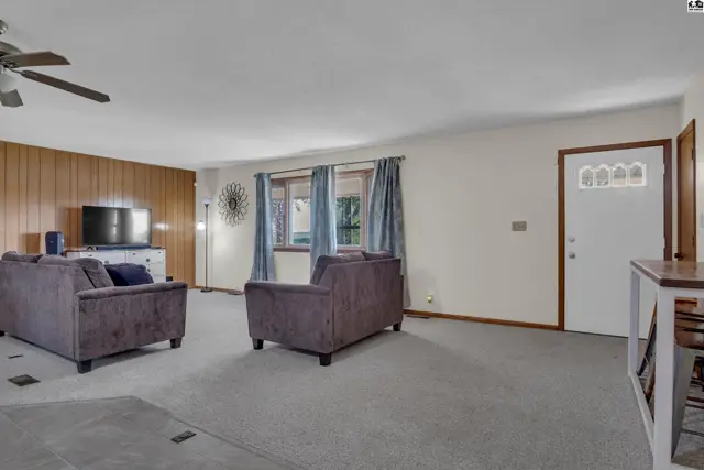 Spacious living room with carpet, wood-paneled accent wall, and ceiling fan.