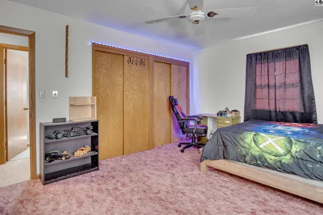This bedroom features pink carpet, a ceiling fan, and a large closet with wooden doors.