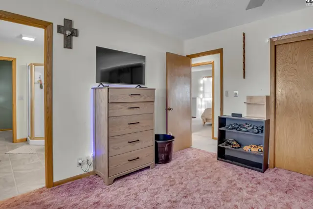 This bedroom features a dresser, television, and a shoe rack with plush carpeting.