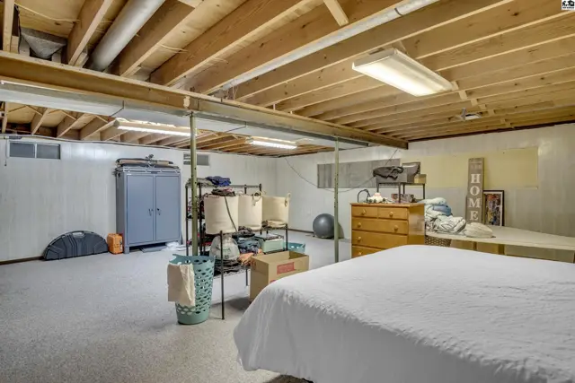 This unfinished basement features a carpeted floor, exposed wood joists, and a large bed.