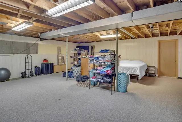 This unfinished basement features carpeted floors, exposed joists, and a door.