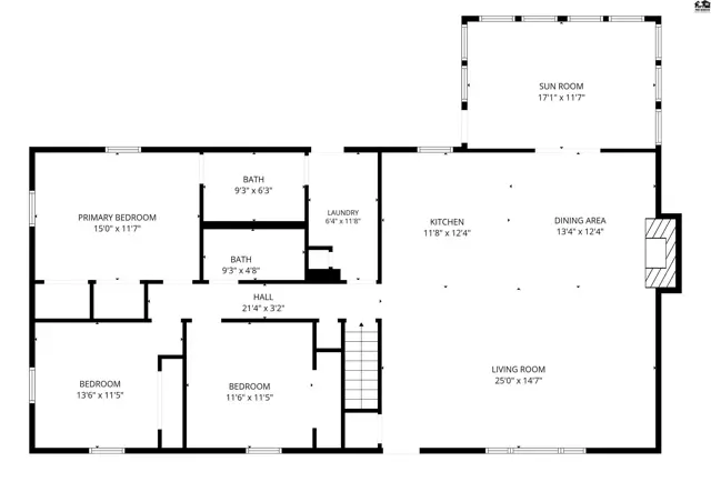 Spacious home features primary bedroom, two additional bedrooms, two baths, and sun room.