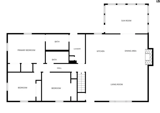 This floor plan shows a primary bedroom, two bedrooms, two baths, laundry, hall, kitchen, dining area, living room, and sun room.