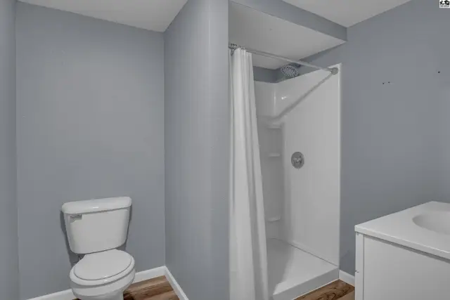 This bathroom features a toilet, a shower stall with a curtain, and a vanity.
