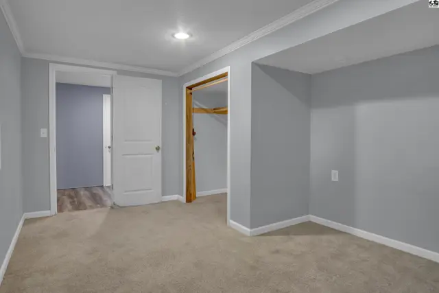 Carpeted room with light grey walls, white trim, and an open doorway to another space.