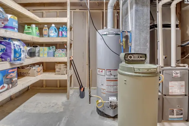 Unfinished basement with storage shelves, water heater, and furnace.