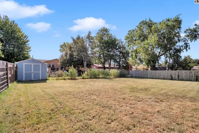 A light blue shed sits on a large, grassy backyard with a wooden fence.