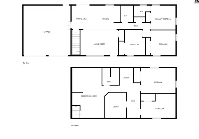 This floor plan shows a two-story home with a garage, living room, dining area, kitchen, and multiple bedrooms and bathrooms.