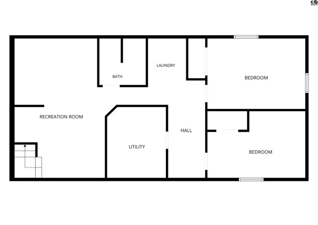 This floor plan shows a recreation room, two bedrooms, a bath, and a laundry area.