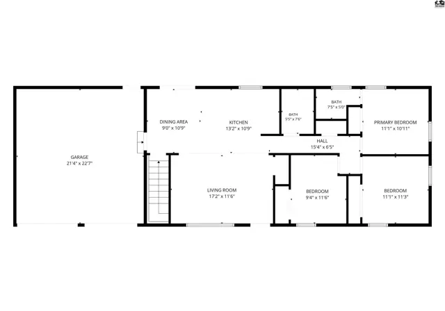 This floor plan shows a garage, living room, dining area, kitchen, three bedrooms, and two bathrooms.