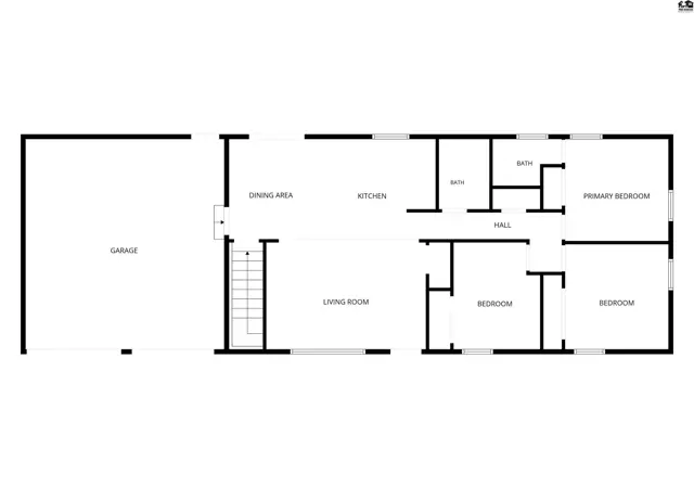This floor plan shows a garage, dining area, kitchen, living room, hall, bath, and three bedrooms.