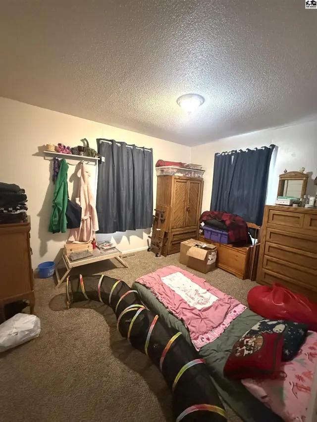 Carpeted room with two windows, a dresser, a bed, and a wooden armoire.
