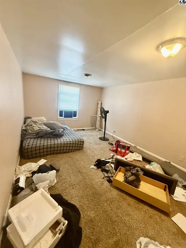 Carpeted room with a mattress, window, and ceiling light fixture.