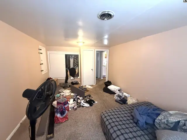 This room features carpeted floors, a sliding door closet, and a ceiling fan.