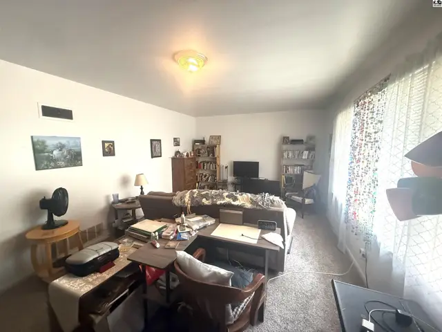 Spacious living room with carpet, large windows, and built-in shelving.