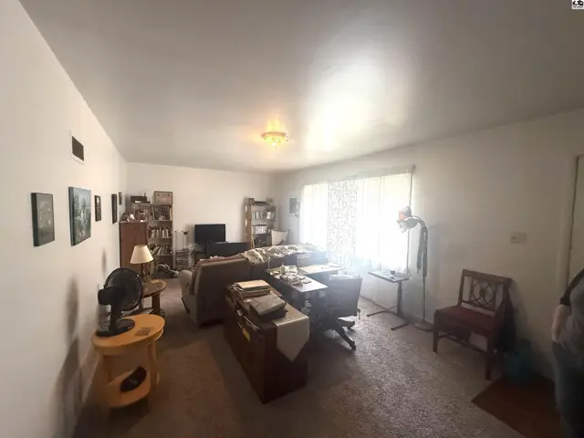 Spacious living room with carpeted floors, large window, and built-in shelving.