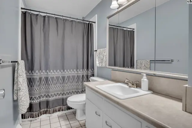 This bathroom features a white vanity, sink, toilet, and a shower with a patterned curtain.