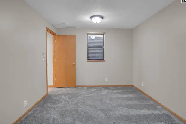 This room features neutral walls, a ceiling light, and a gray carpeted floor.