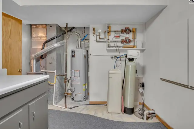 Utility room with water heater, furnace, and water softener.