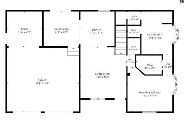 This floor plan shows a living room, kitchen, dining area, primary bedroom, and garage.