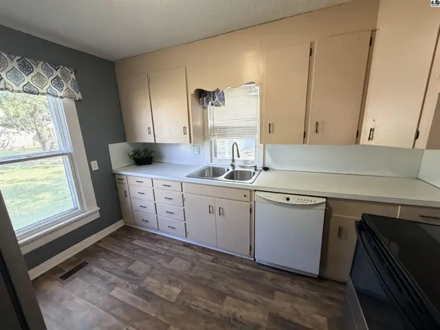 Kitchen features light wood cabinets, a double sink, and a dishwasher.