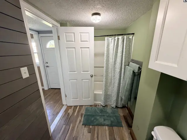 This bathroom features a tub/shower combo, light green walls, and wood-look flooring.