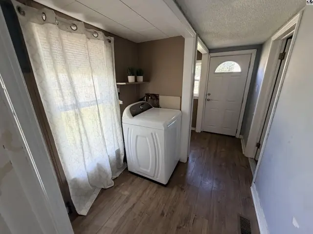 This laundry area features a white top-load washing machine and wood-look flooring.
