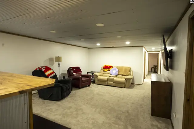 This finished basement features a large carpeted room with a wet bar and seating area.