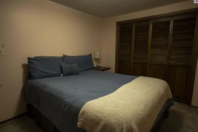 This bedroom features a queen-sized bed, a nightstand, and a large closet with louvered doors.