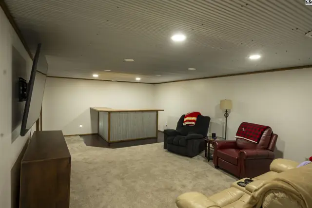 Finished basement features a wet bar, plush carpeting, and comfortable seating.
