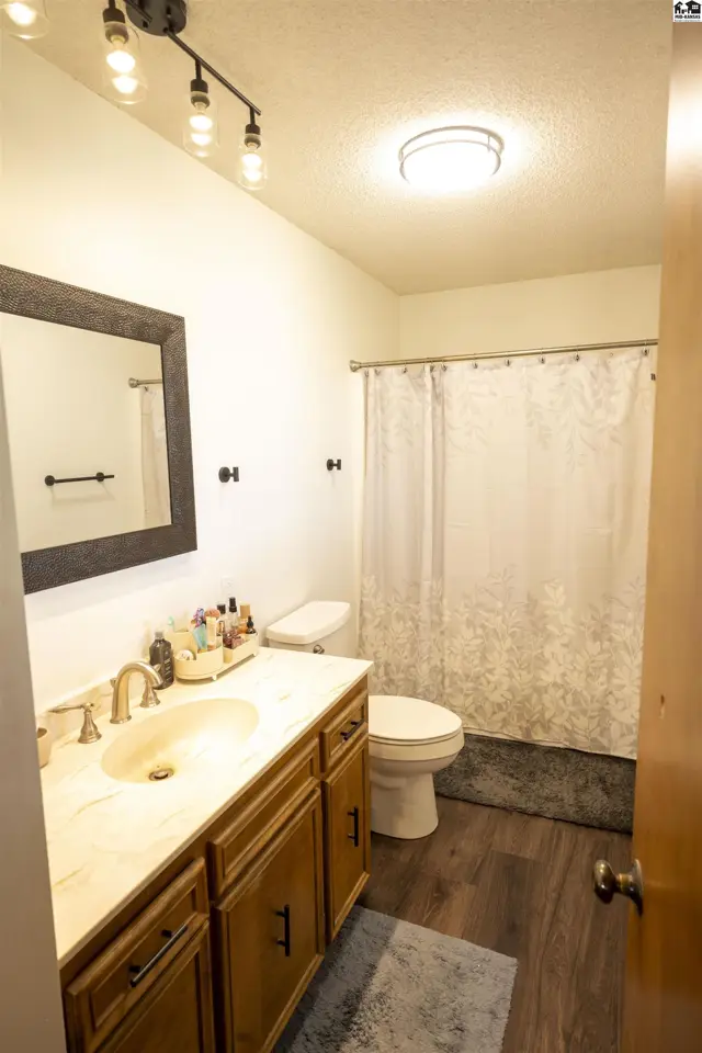 This bathroom features a vanity with a marble countertop, a toilet, and a shower with a white curtain.