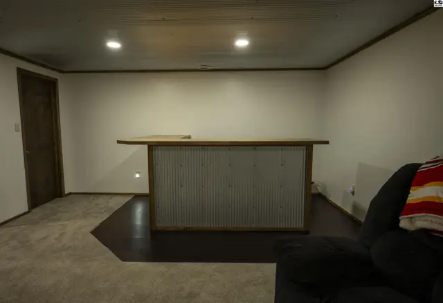 This finished basement features a built-in bar with a wood countertop and corrugated metal front.