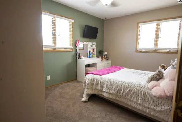 This bedroom features a white dresser with a mirror, a ceiling fan, and two windows.