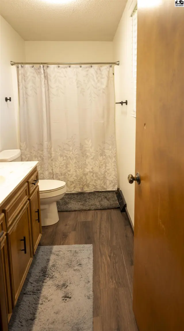 This bathroom features a wooden vanity, a toilet, and a shower with a curtain.