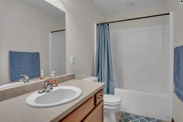 This bathroom features a vanity with a sink, toilet, and a bathtub with a shower curtain.