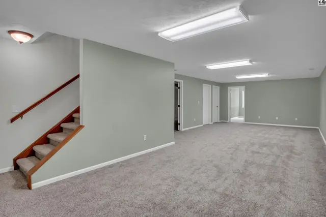 Spacious finished basement with carpet, neutral walls, and overhead lighting.