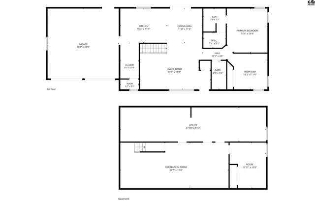 This floor plan shows a two-story home with a garage, kitchen, living room, and multiple bedrooms.