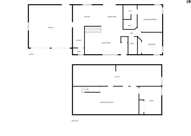 This floor plan shows a two-story home with a garage, kitchen, living room, and bedrooms.
