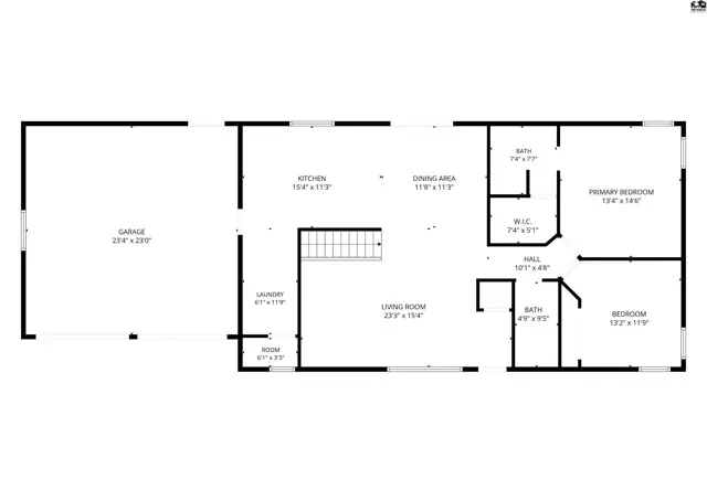 This floor plan shows a living room, dining area, kitchen, laundry, and three bedrooms.