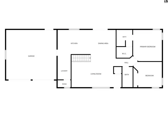 This floor plan shows a garage, kitchen, living room, dining area, laundry, and two bedrooms with two bathrooms.