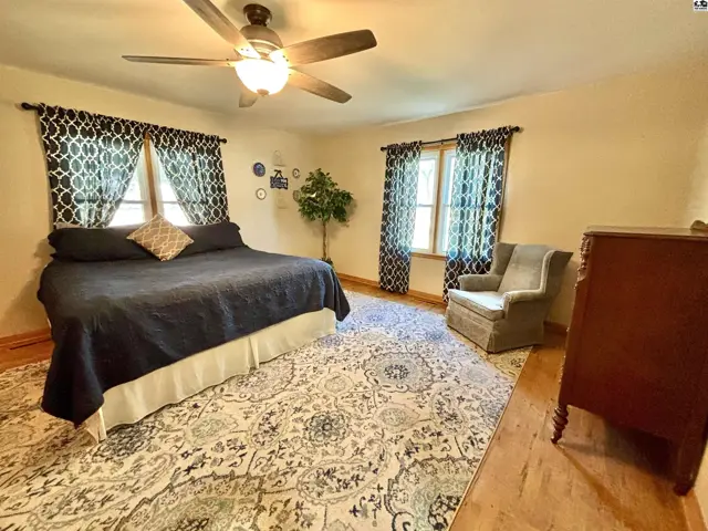 Spacious bedroom with a ceiling fan, patterned curtains, and a large area rug.