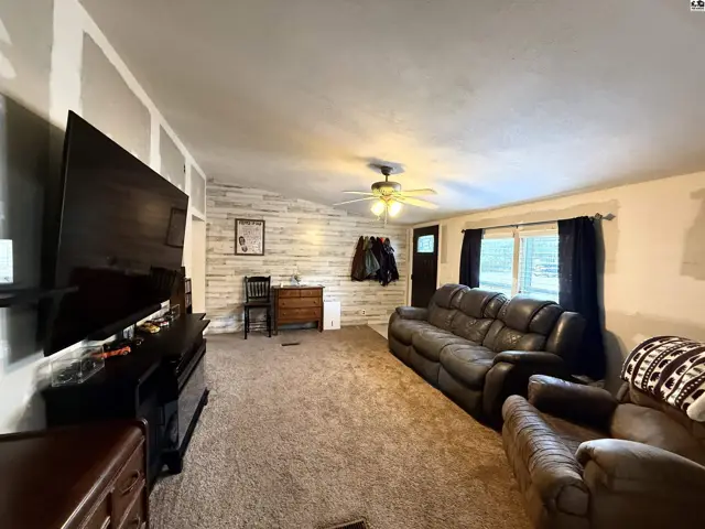 Spacious living room with plush carpeting, a large television, and a ceiling fan.