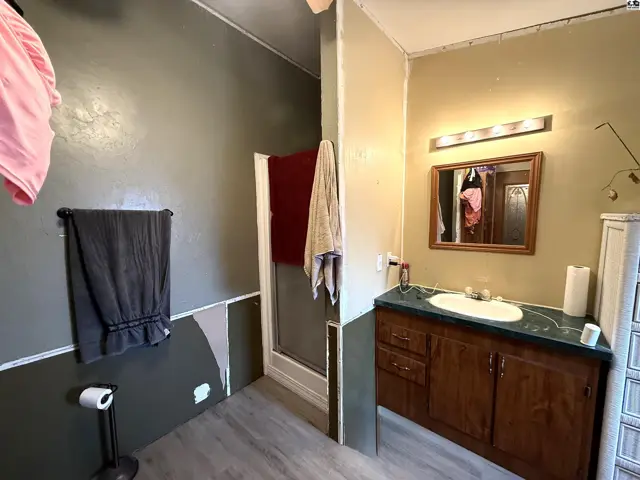 This bathroom features a vanity with a sink, a shower stall, and a toilet.
