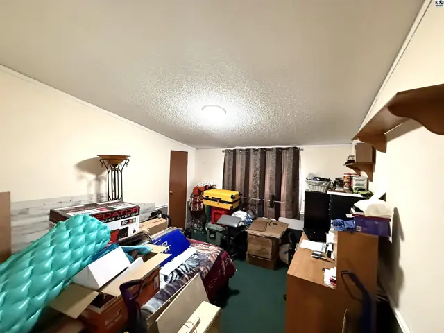 This room features carpeted floors, white walls, and a ceiling light fixture.