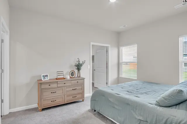Spacious bedroom with carpet, a dresser, and two windows.