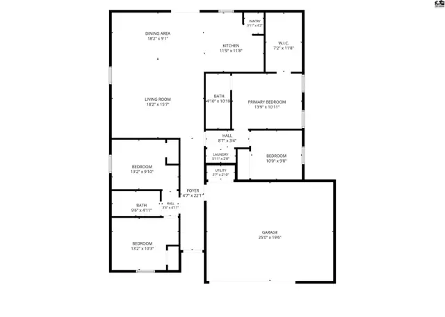 This floor plan shows a living room, dining area, kitchen, primary bedroom, two bedrooms, and a garage.