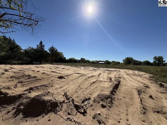 Cleared land with tire tracks in the sandy soil under a bright sun.